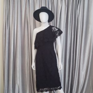 Navy Floral Lace One-Shouldered Ruffle Midi Dress